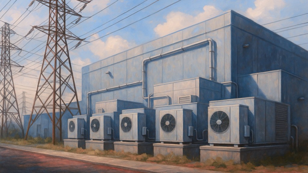 An AI-generated image of a data centre and power lines